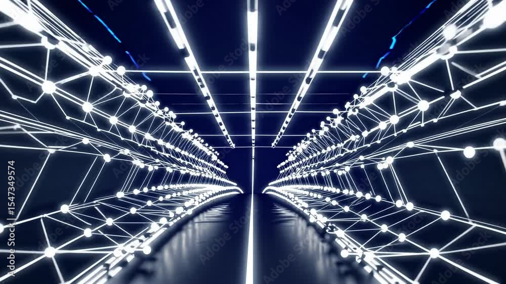 futuristic tunnel with bright neon white lines and grid network, concept of blockchain infrastructure, virtual reality, data streaming, metaverse, and cloud technology architecture