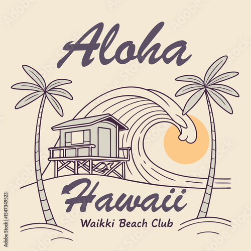 Retro Style Waikiki Beach Scene Illustration Featuring a Gray Beach House on Stilts a Large Ocean Wave Two Palm Trees
