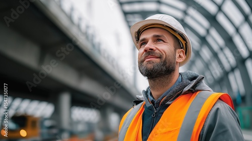 Smiling engineer in helmet and safety vest confidently looking up at sky while standing before modern steel bridge construction site, captured with wide-angle lens in natural daylight