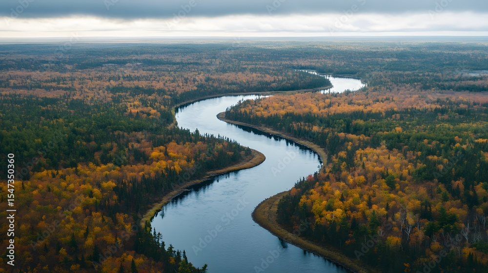 Fototapeta premium Photograph of a winding river through a dense, autumnal forest landscape.