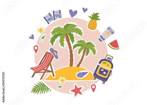Travel collage clipart with palm trees in the middle and conceptual objects isolated on white. Summer, vacation, travel destination concept. Vector flat illustration.