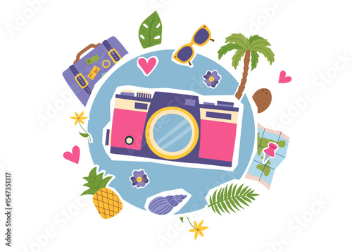 Travel collage clipart with camera in the middle and conceptual objects around isolated on white. Summer, vacation, photographing, memories concepts. Vector flat illustration.