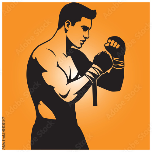 Silhouette of a boxer in an orange background preparing to fight with wrapped hands