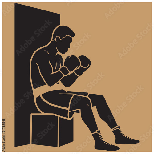 Silhouette of a boxer resting and preparing with boxing gloves in a vector illustration