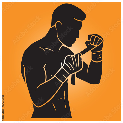 Silhouette of a boxer wrapping his hands preparing for a fight on an orange background