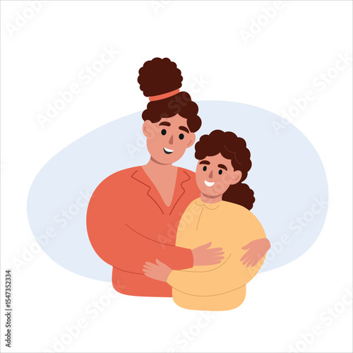 Mother and daughter hug each other. Women of different generations together. Vector flat graphics.