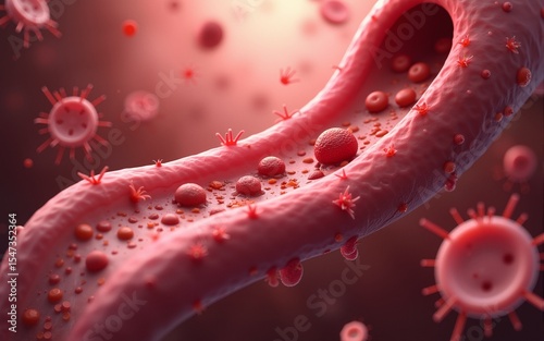 Red blood cells and glucose particles and impurities flowing in an arterial vessel. Illustration of the concept of blood sugar level, viral and bacterial infection. High quality