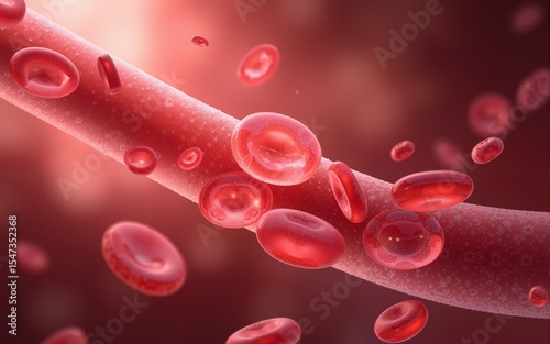 Red blood cells and glucose particles and impurities flowing in an arterial vessel. Illustration of the concept of blood sugar level, viral and bacterial infection. High quality