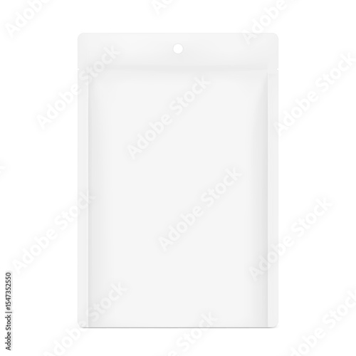 Sachet bag with hole slot mockup. Hyper realistic vector illustration isolated on white background. Ready for use in your design. EPS10.