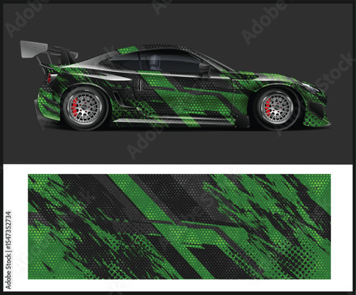 Green and Black Abstract Racing Car Wrap Design Presentation on Dark Background