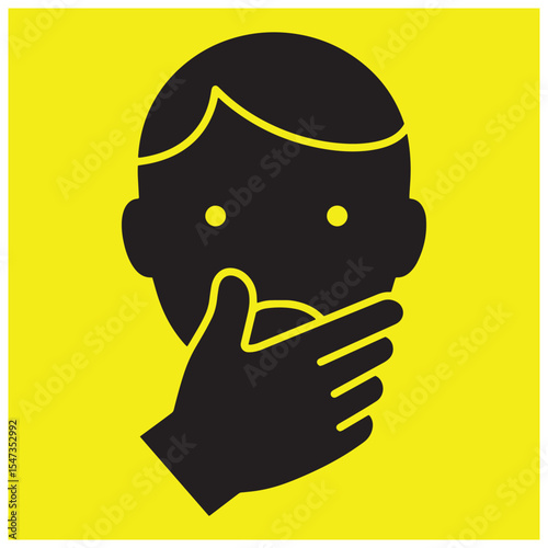 Silhouetted face with hand covering mouth warning sign against a yellow background