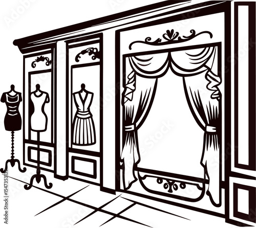 Elegant dress boutique storefront window with mannequins and vintage curtains line drawing illustration