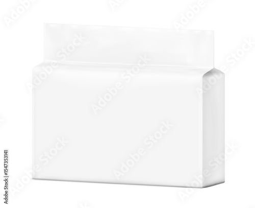 Realistic stand bag mockup. Half side view. Vector illustration isolated on white background. Suite for the presentation of diapers, wet wipes, pants, changing mats. EPS10.