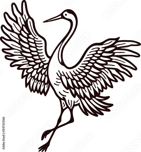 Elegant hand drawn crane with outstretched wings in vintage illustration
