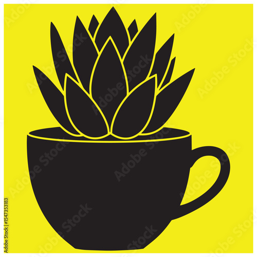 Simple black and yellow vector illustration of a succulent plant in a coffee cup