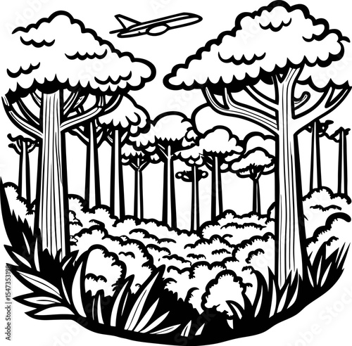 Airplane flying above dense forest landscape with tall trees and bushes in bold black and white illustration