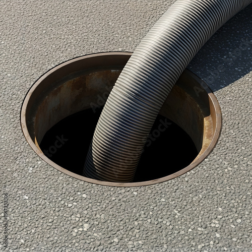 Sewer hose going down manhole on an asphalt street for maintenance and cleaning. Utility service, cleaning sewers with help pipe