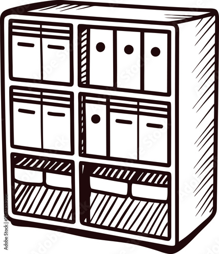 Hand drawn office file organizer cabinet sketch with folders and storage boxes in black and white isolated