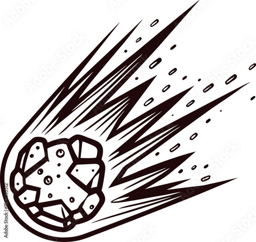 Hand drawn meteor illustration in black and white fast moving space rock with dynamic lines and sketch details