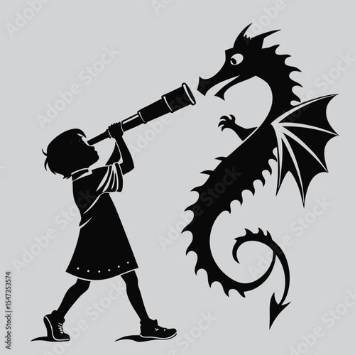 Child Gazing Through Dragon-Shaped Telescope silhouette vector design art and illustration