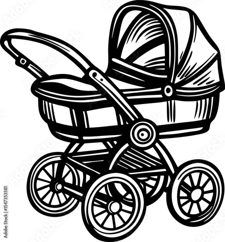 Vintage illustration of classic baby stroller with canopy and large wheels in hand drawn black and white