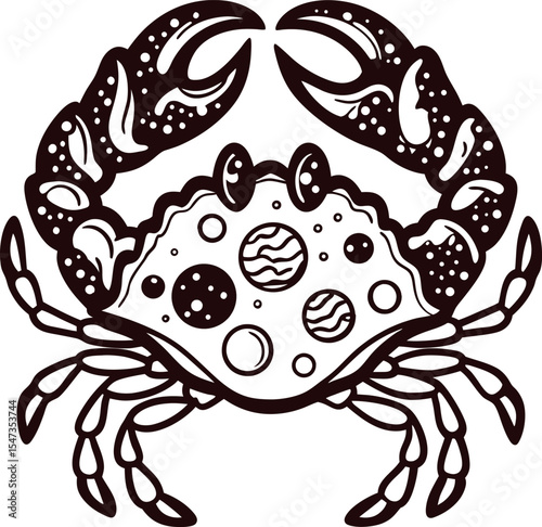 Stylized crab illustration with intricate cosmic patterns on shell and detailed claws in black and white