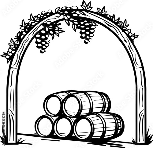 Traditional wine barrels stacked under grapevine arch illustration in vintage engraving