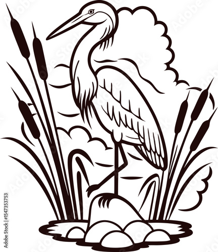 Elegant line art illustration of heron standing on rock among reeds and clouds in natural wetland habitat