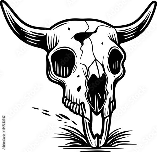 Hand drawn bull skull illustration with cracked bone and grass in black and white tattoo