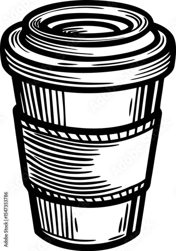 Hand drawn disposable coffee cup with lid and sleeve in vintage engraved illustration