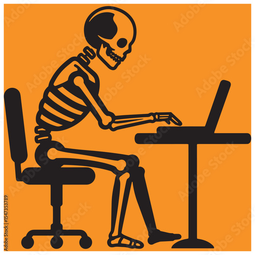 Skeleton working on a laptop at a desk representing overwork or office life