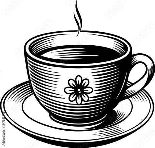 Hand drawn cup of coffee with floral motif and saucer, vintage engraved illustration, isolated on white background