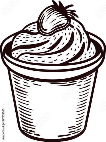 Hand drawn cup of whipped dessert decorated with strawberry vintage engraved illustration