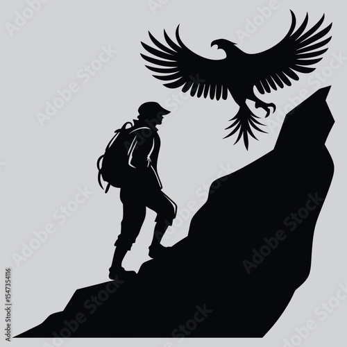 Hiker with Phoenix Shadow silhouette vector design art and illustration