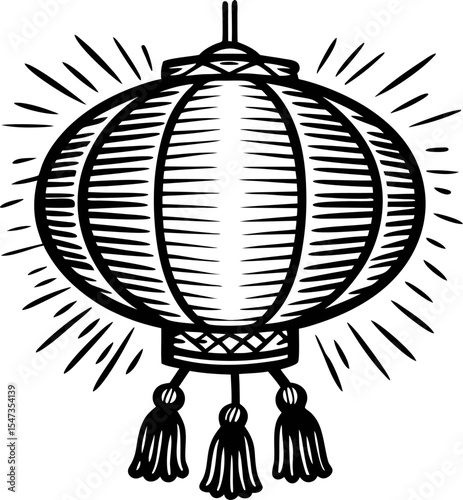 Hand drawn traditional chinese lantern with tassels vintage engraved black and white festive celebration illustration