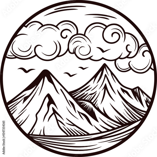 Hand drawn mountain landscape in circular frame with dramatic clouds and flying birds, vintage engraving illustration