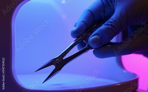 gloved hand with manicure forceps in ultraviolet sterilizer, uv lamp for instrument sterilization and protection from bacterial and viral infections. High quality