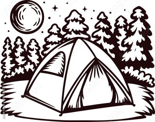 Tent under moonlit pine trees in forest clearing, hand drawn camping scene, night wilderness adventure illustration