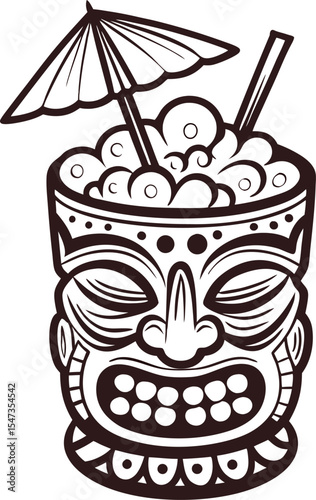 Monochrome tiki cocktail mug illustration with umbrella and straw filled with ice and tropical drink topping