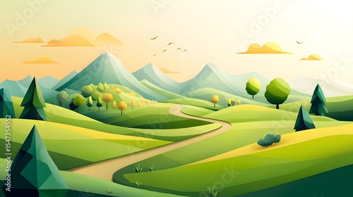 Digital illustration of a serene, stylized landscape featuring rolling hills, a winding road, and scattered trees...