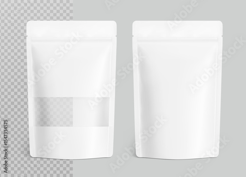 Pouch stand bag set mockup. Vector illustration isolated on grey background. Easy to make a realistic mockup of your product. Ready for your design. EPS10.