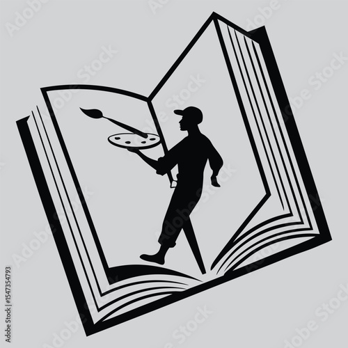 Painter in Giant Open Book silhouette vector design art and illustration