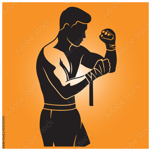 Vector illustration of a muay thai fighter in ready to fight stance with bandaged hands