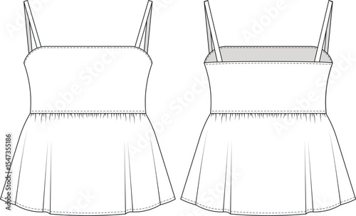 sleeveless strappy strapped shoulder straps square neck fit gathered flared peplum hem backless blouse top template technical drawing flat sketch cad mockup fashion woman design style model 
