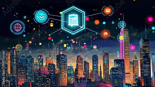 Futuristic city skyline at dusk with digital icons representing technology and connectivity (1)