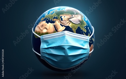 Planet Earth wrapped in a medical protection mask, representation of global pandemics, epidemics, pandemics, seasonal incidence of viral and bacterial infections and diseases. High quality
