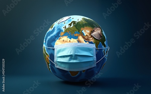 Planet Earth wrapped in a medical protection mask, representation of global pandemics, epidemics, pandemics, seasonal incidence of viral and bacterial infections and diseases. High quality