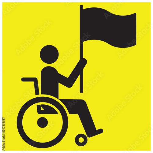 Wheelchair user raising flag demonstrating support and equality on yellow background