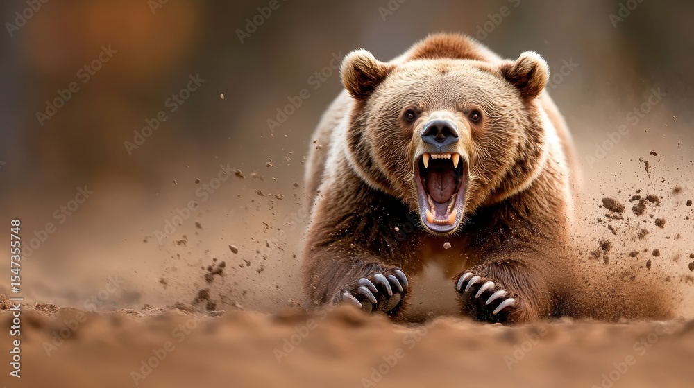 Obraz premium A powerful grizzly bear charges fiercely in a dynamic setting, embodying raw nature's strength while kicking up dirt and showcasing its impressive physique and wild beauty.