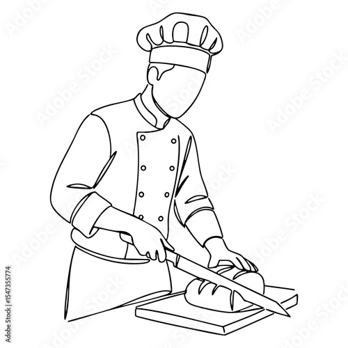 Vector line art of a chef slicing fresh bread on cutting board, wearing traditional uniform and hat, kitchen scene